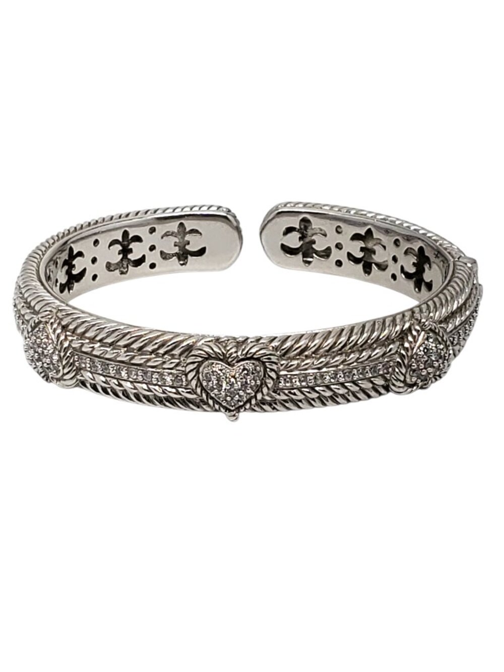 Judith Ripka Sterling Silver Hinged CZ Heart Cuff Bracelet #24564